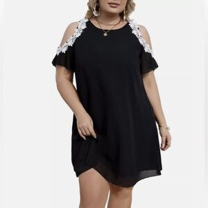 AOFUR Dress Black Chiffon White Lace Cold Shoulder Sheer Short Sleeve 4XL NWT